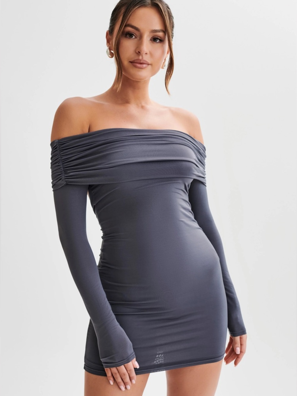 Meshki Off-Shoulder Long Sleeve Mini Dress in Charcoal